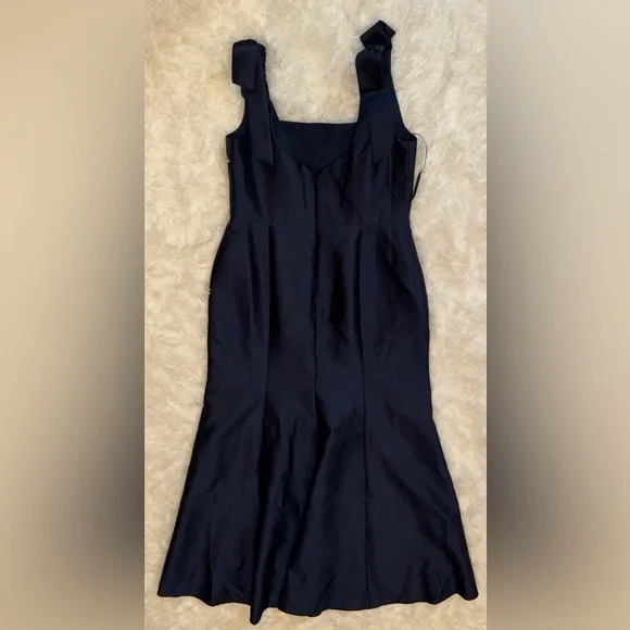 NEW Alfred Sung Bow Strap Satin Twill Trumpet MIDNIGHT NAVY Blue Gown sz 14 - Picture 4 of 6